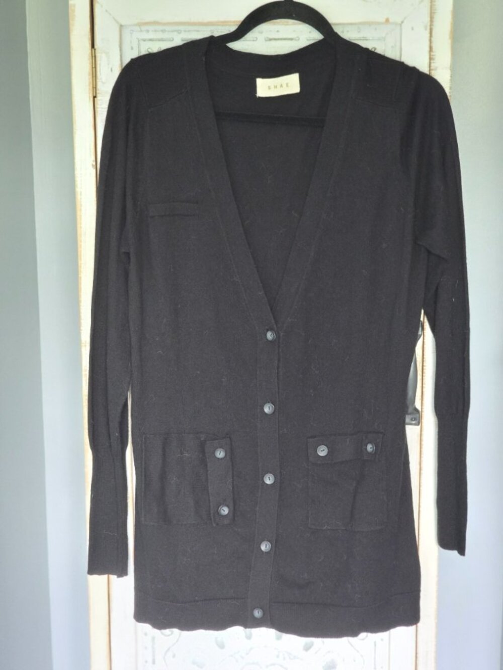 Shae Asymmetric Pocket V-Neck Button Cardigan - Black - Small Cotton/Cashmere